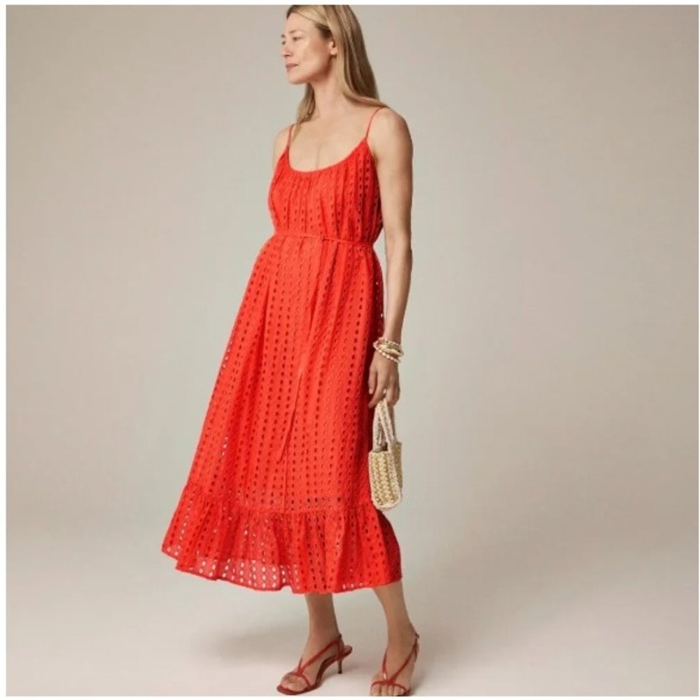 J. Crew Women Oval Eyelet Midi Dress Orange Ruffle Summer Sun Dress CK828 XS New